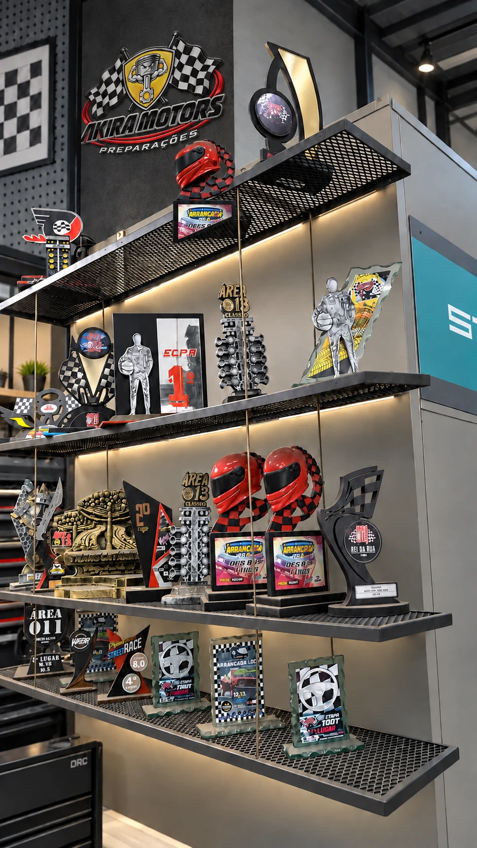 Estante de troféus e conquistas da Akira Motors